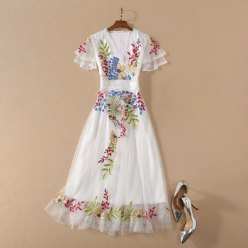 HIGH QUALITY 2020 New Fashion Designer Runway Dress Women's V-Neck Butterfly Sleeve Embroidery Gauze DRESS